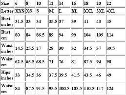 Ladies Jacket Size Chart